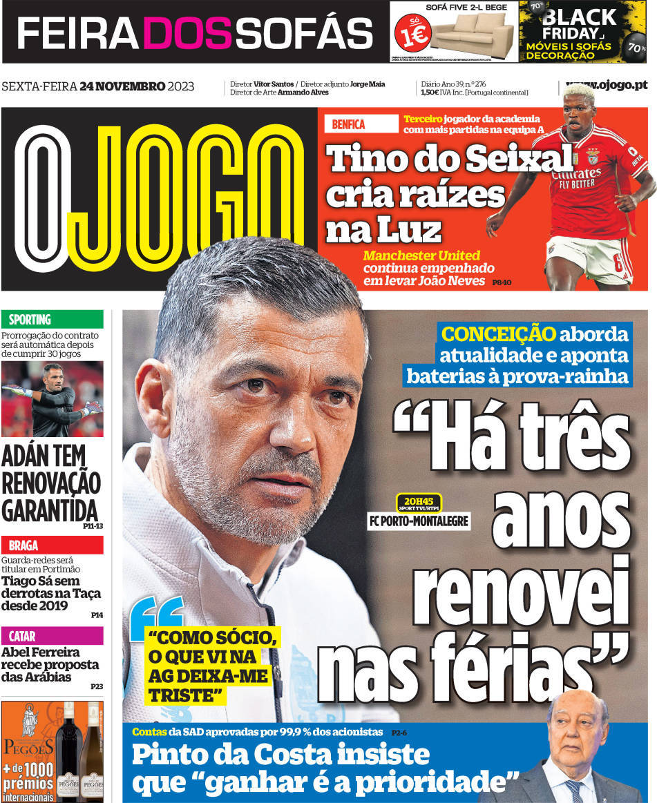 O Jogo: Capa da Edi&ccedil;&atilde;o de sexta-feira, 24 de novembro 2023