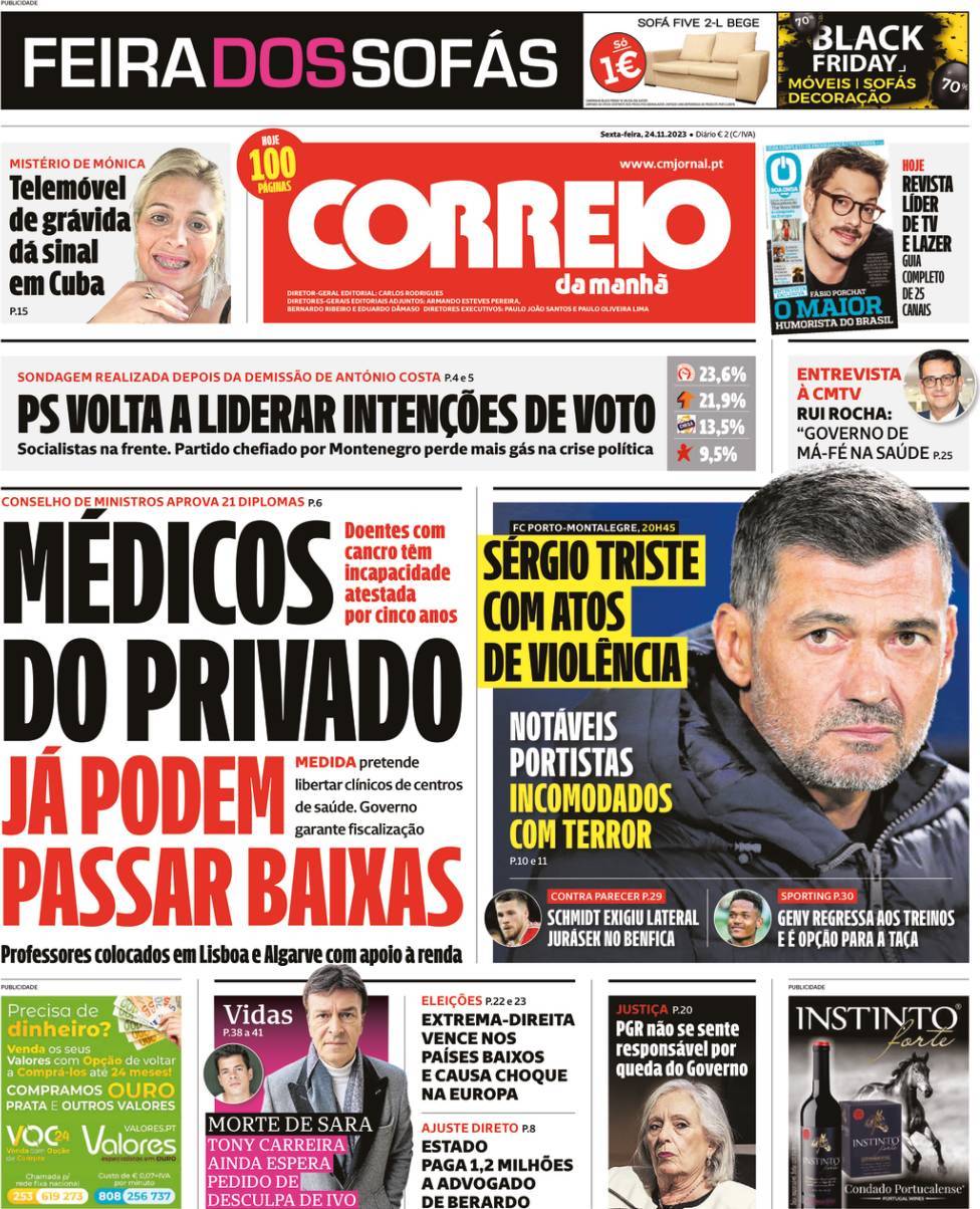 Correio da Manh&atilde;: Capa da Edi&ccedil;&atilde;o de sexta-feira, 24 de novembro 2023
