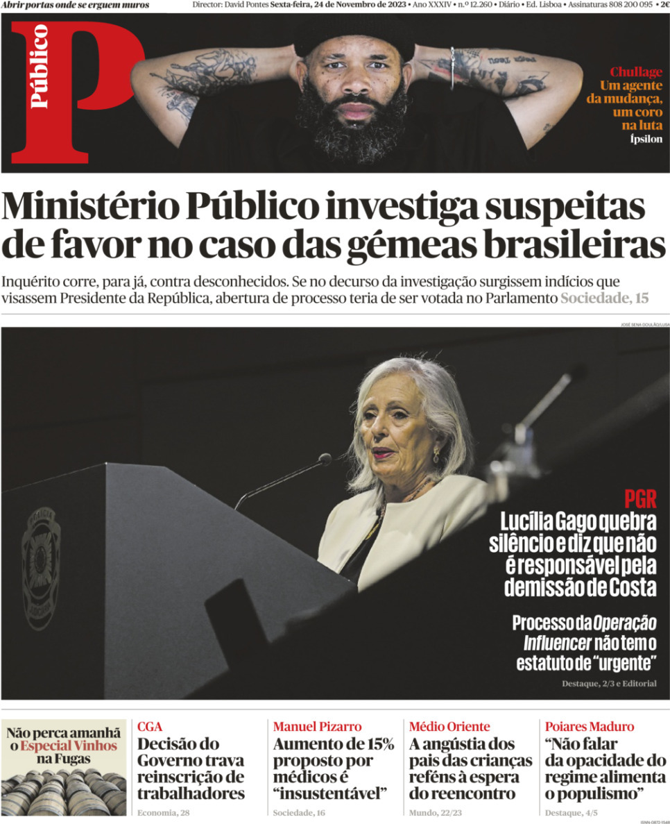 P&uacute;blico: Capa da Edi&ccedil;&atilde;o de sexta-feira, 24 de novembro 2023