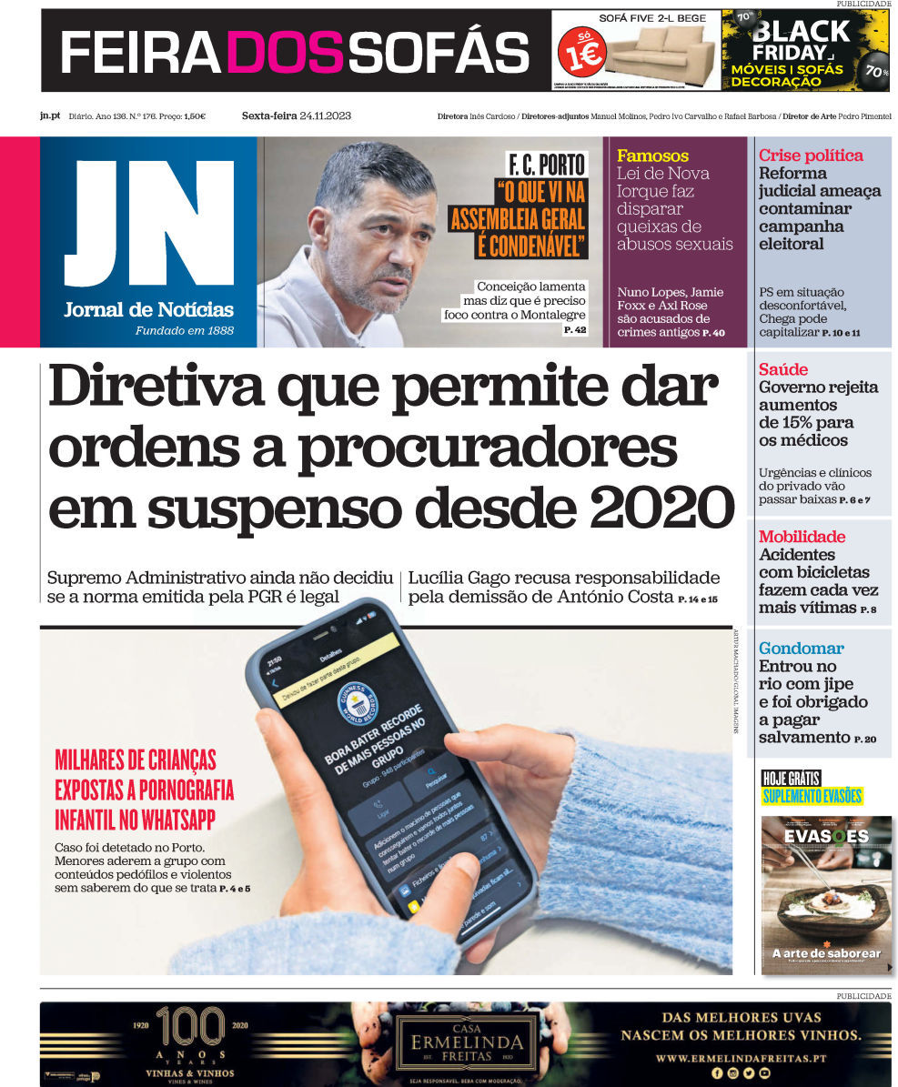 Jornal de Not&iacute;cias: Capa da Edi&ccedil;&atilde;o de sexta-feira, 24 de novembro 2023