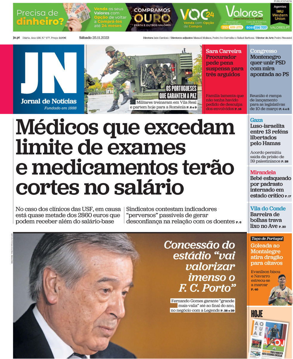 Jornal de Not&iacute;cias: Capa da Edi&ccedil;&atilde;o de s&aacute;bado, 25 de novembro 2023