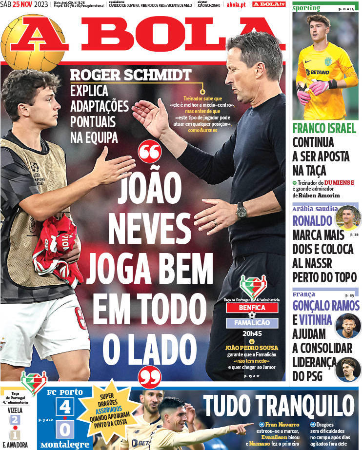 A Bola: Capa da Edi&ccedil;&atilde;o de s&aacute;bado, 25 de novembro 2023