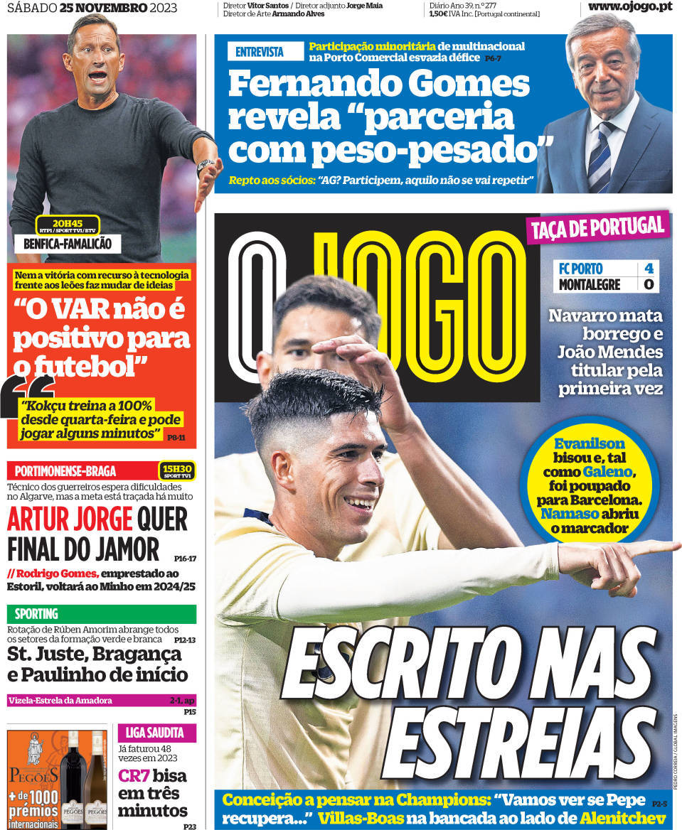 O Jogo: Capa da Edi&ccedil;&atilde;o de s&aacute;bado, 25 de novembro 2023