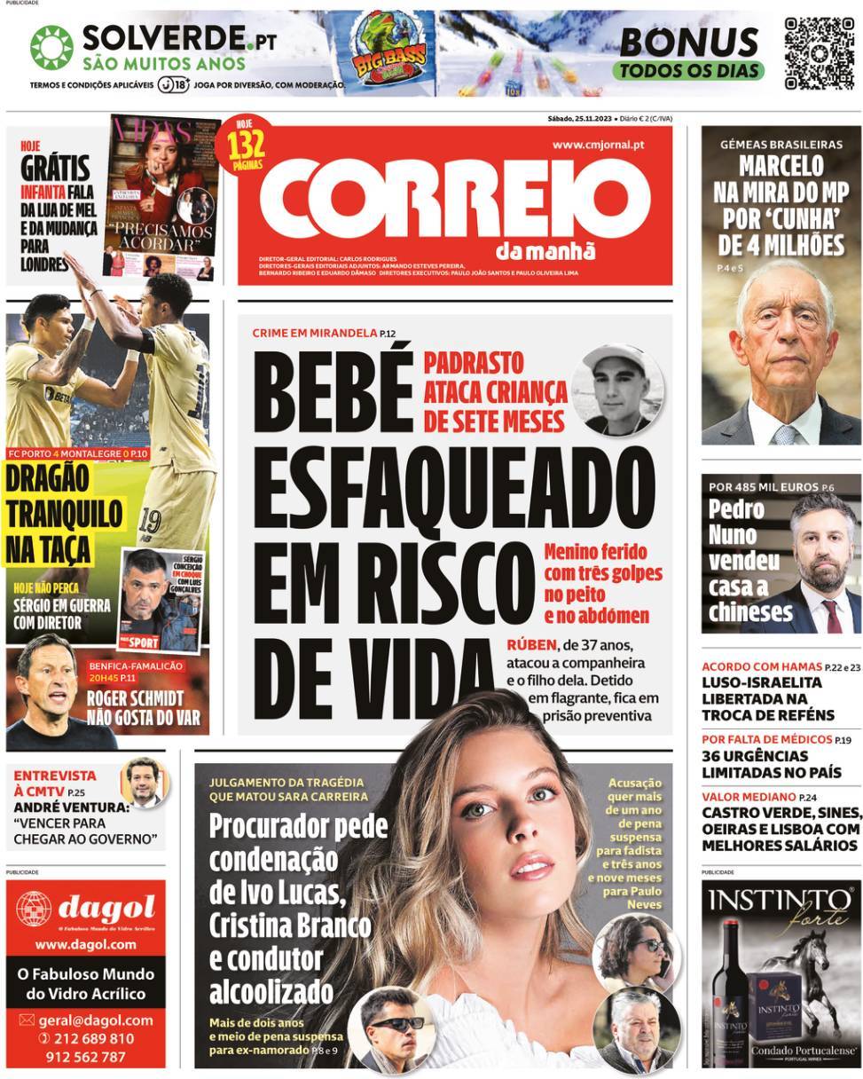 Correio da Manh&atilde;: Capa da Edi&ccedil;&atilde;o de s&aacute;bado, 25 de novembro 2023