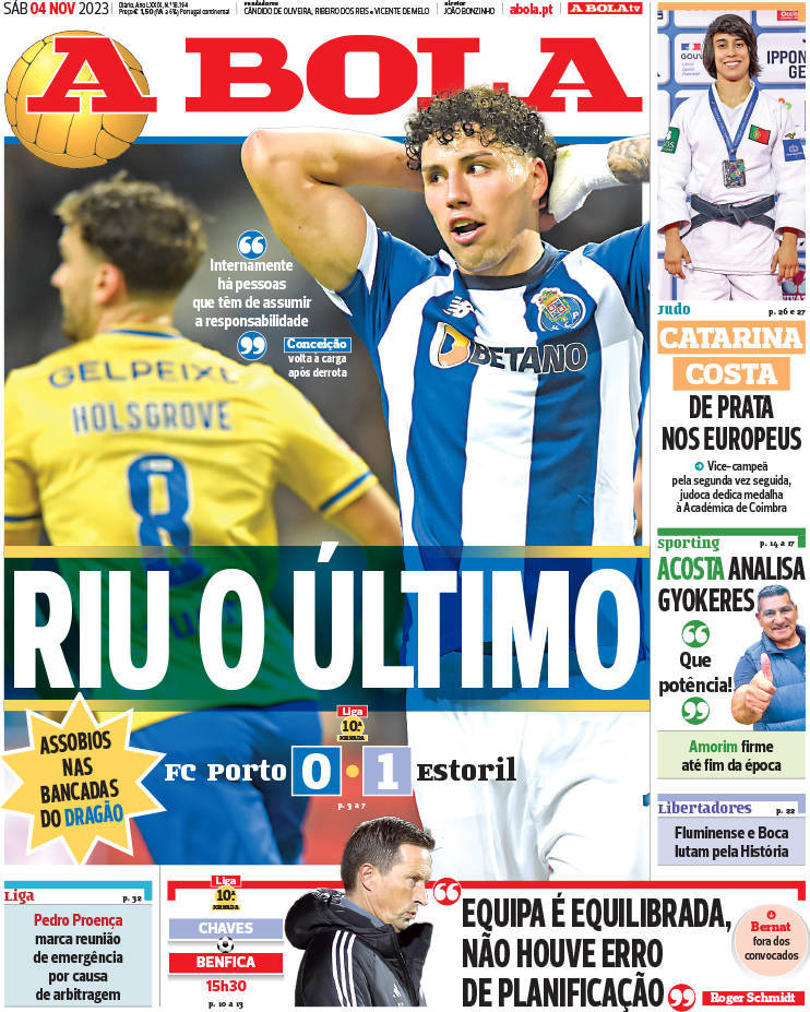 A Bola: Capa da Edi&ccedil;&atilde;o de s&aacute;bado, 04 de novembro 2023