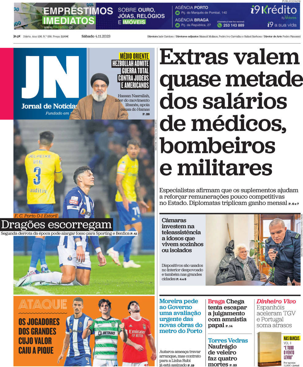 Jornal de Not&iacute;cias: Capa da Edi&ccedil;&atilde;o de s&aacute;bado, 04 de novembro 2023