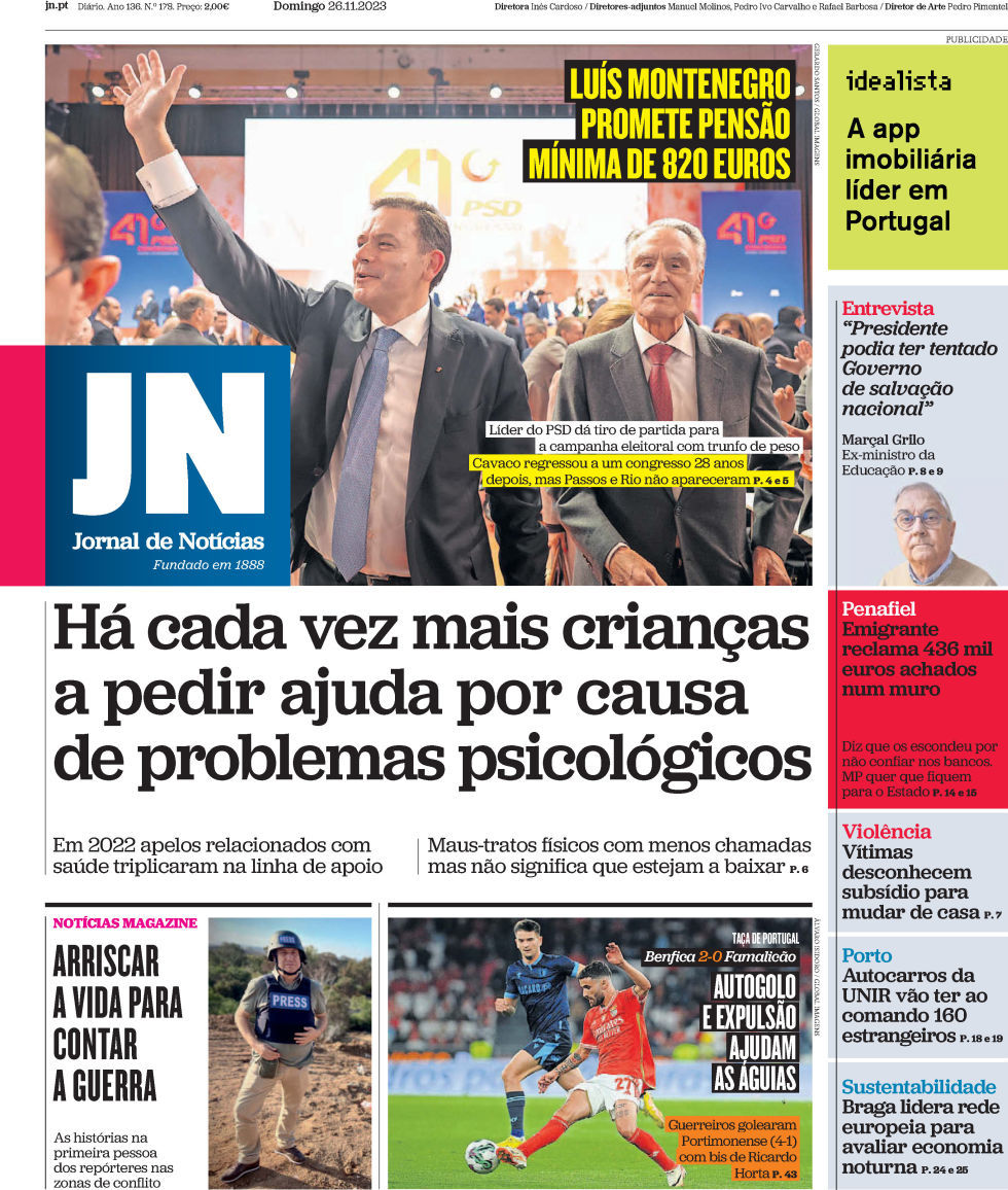 Jornal de Not&iacute;cias: Capa da Edi&ccedil;&atilde;o de domingo, 26 de novembro 2023