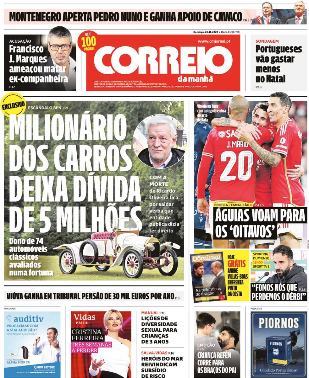 Correio da Manh&atilde;: Capa da Edi&ccedil;&atilde;o de domingo, 26 de novembro 2023