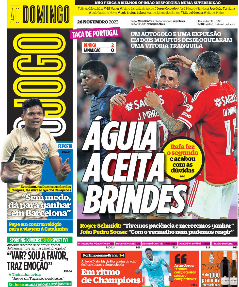 O Jogo: Capa da Edi&ccedil;&atilde;o de domingo, 26 de novembro 2023