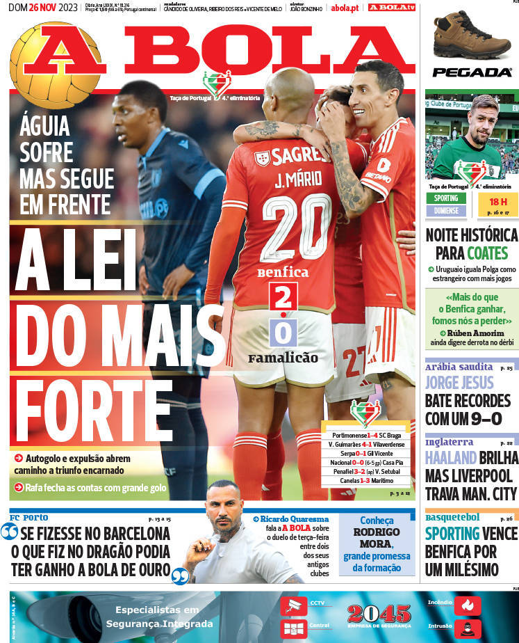 A Bola: Capa da Edi&ccedil;&atilde;o de domingo, 26 de novembro 2023