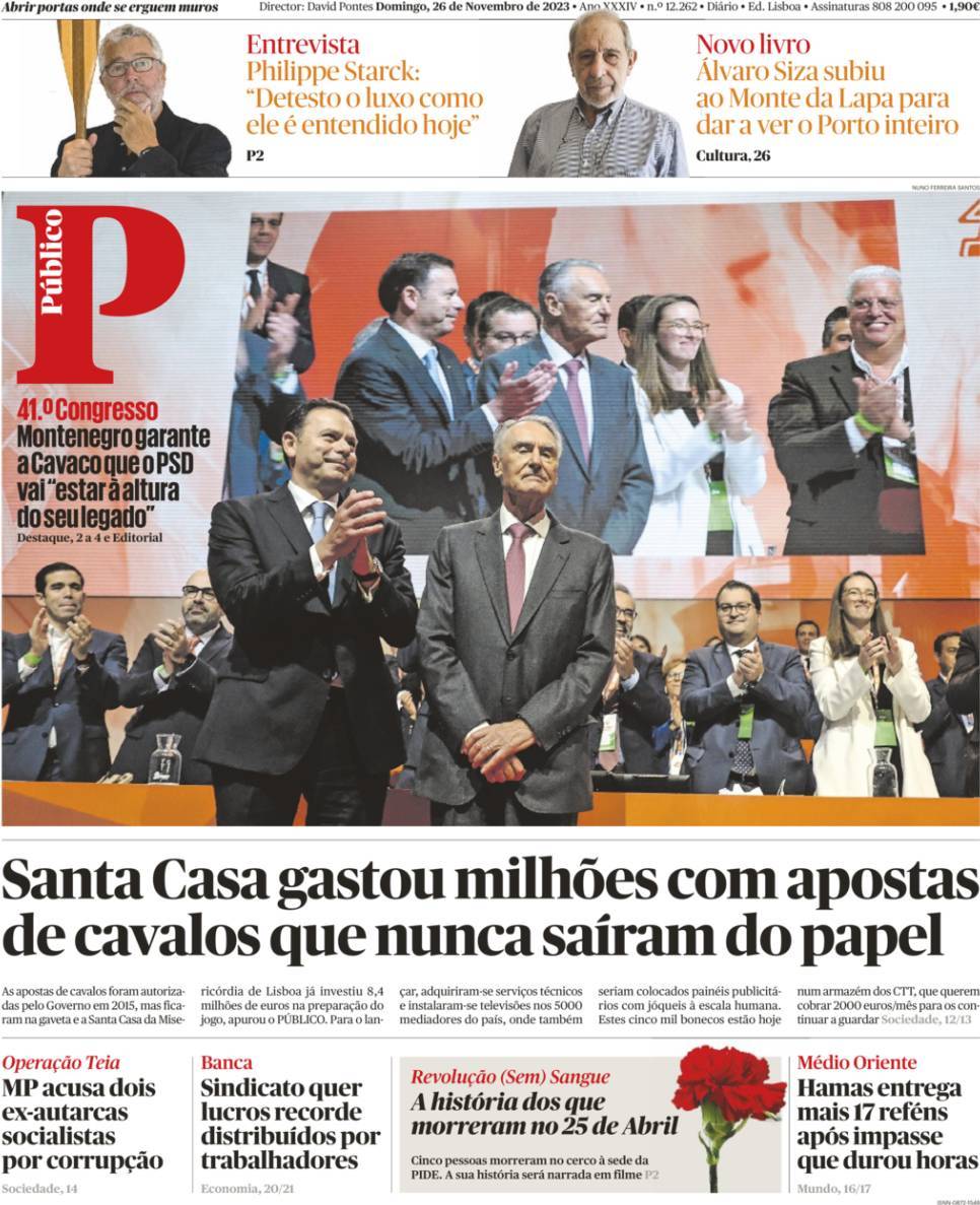P&uacute;blico: Capa da Edi&ccedil;&atilde;o de domingo, 26 de novembro 2023