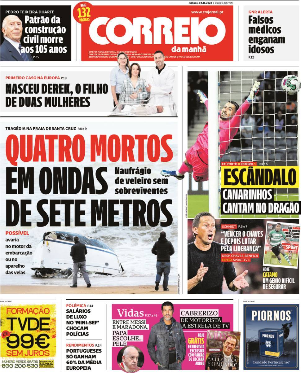 Correio da Manh&atilde;: Capa da Edi&ccedil;&atilde;o de s&aacute;bado, 04 de novembro 2023