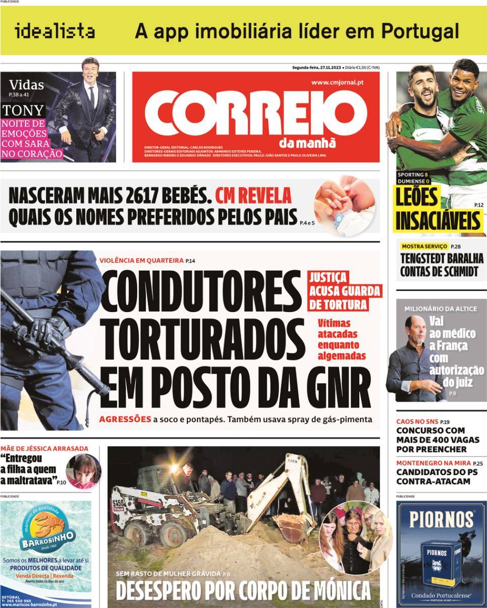 Correio da Manh&atilde;: Capa da Edi&ccedil;&atilde;o de segunda-feira, 27 de novembro 2023