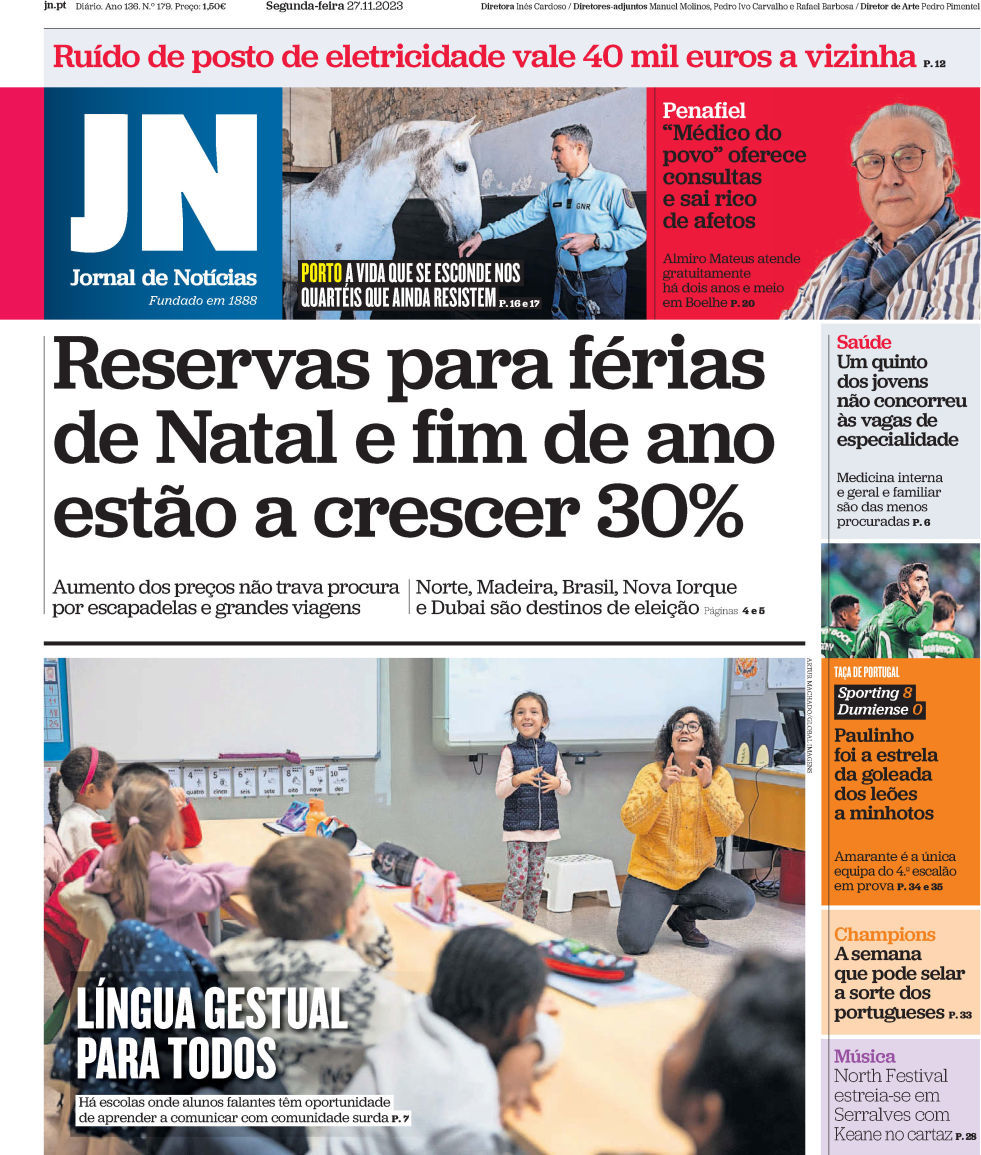 Jornal de Not&iacute;cias: Capa da Edi&ccedil;&atilde;o de segunda-feira, 27 de novembro 2023