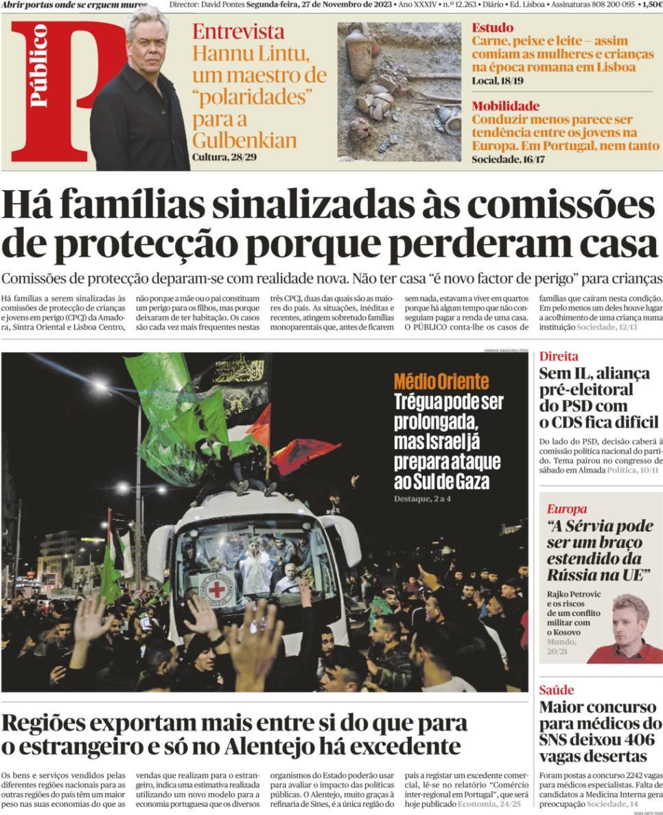 P&uacute;blico: Capa da Edi&ccedil;&atilde;o de segunda-feira, 27 de novembro 2023