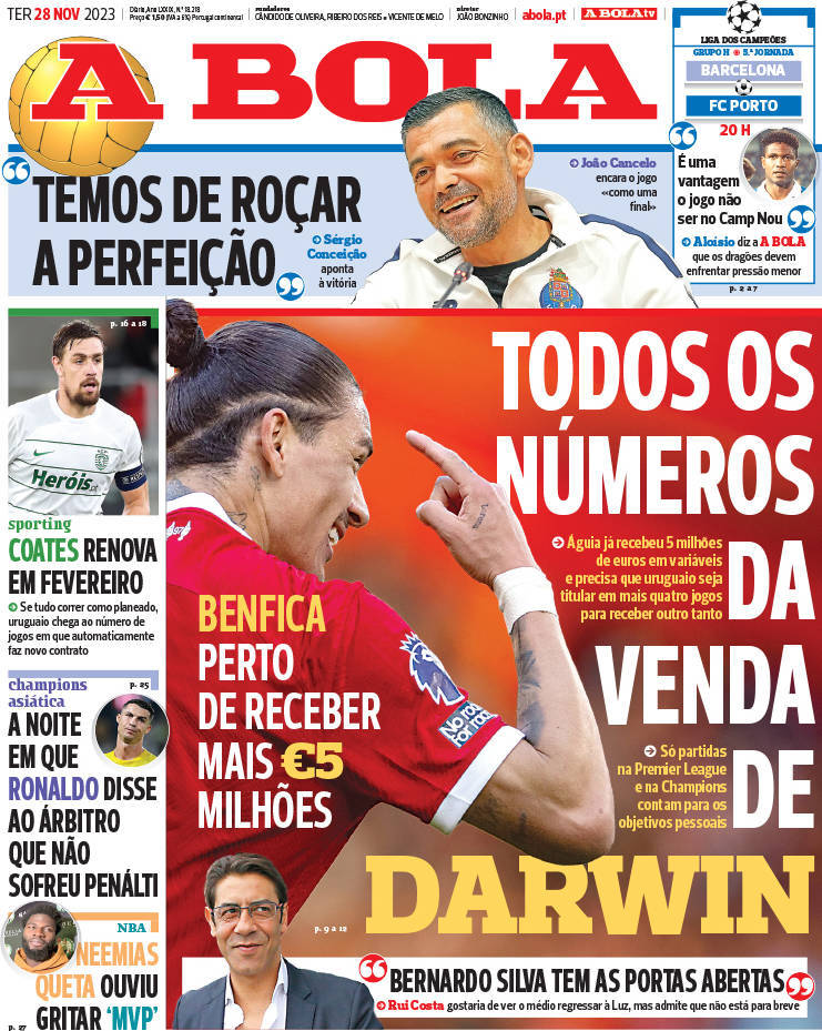 A Bola: Capa da Edi&ccedil;&atilde;o de ter&ccedil;a-feira, 28 de novembro 2023