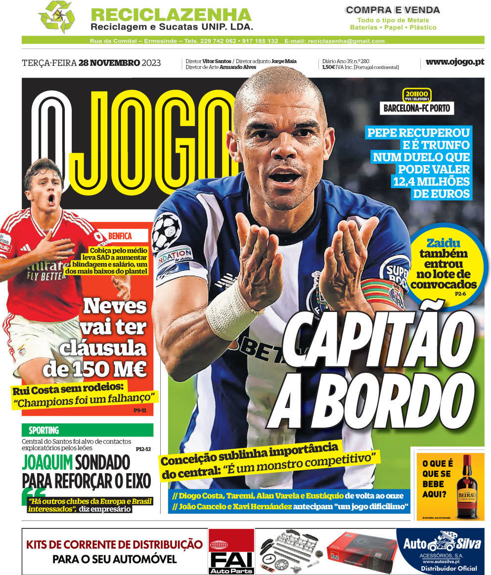 O Jogo: Capa da Edi&ccedil;&atilde;o de ter&ccedil;a-feira, 28 de novembro 2023