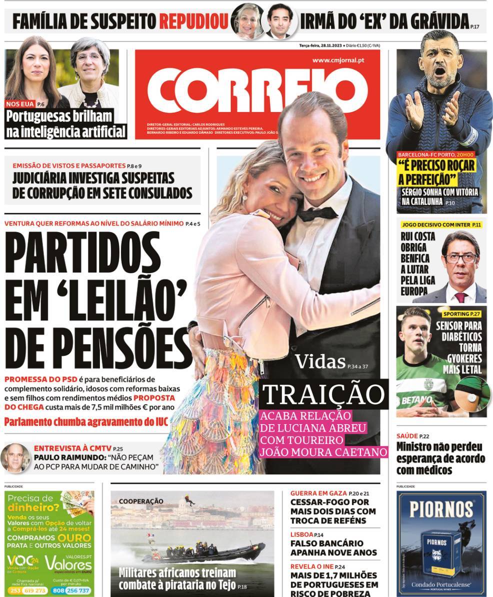 Correio da Manh&atilde;: Capa da Edi&ccedil;&atilde;o de ter&ccedil;a-feira, 28 de novembro 2023