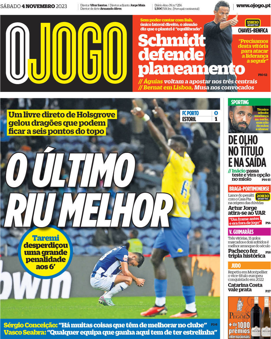 O Jogo: Capa da Edi&ccedil;&atilde;o de s&aacute;bado, 04 de novembro 2023