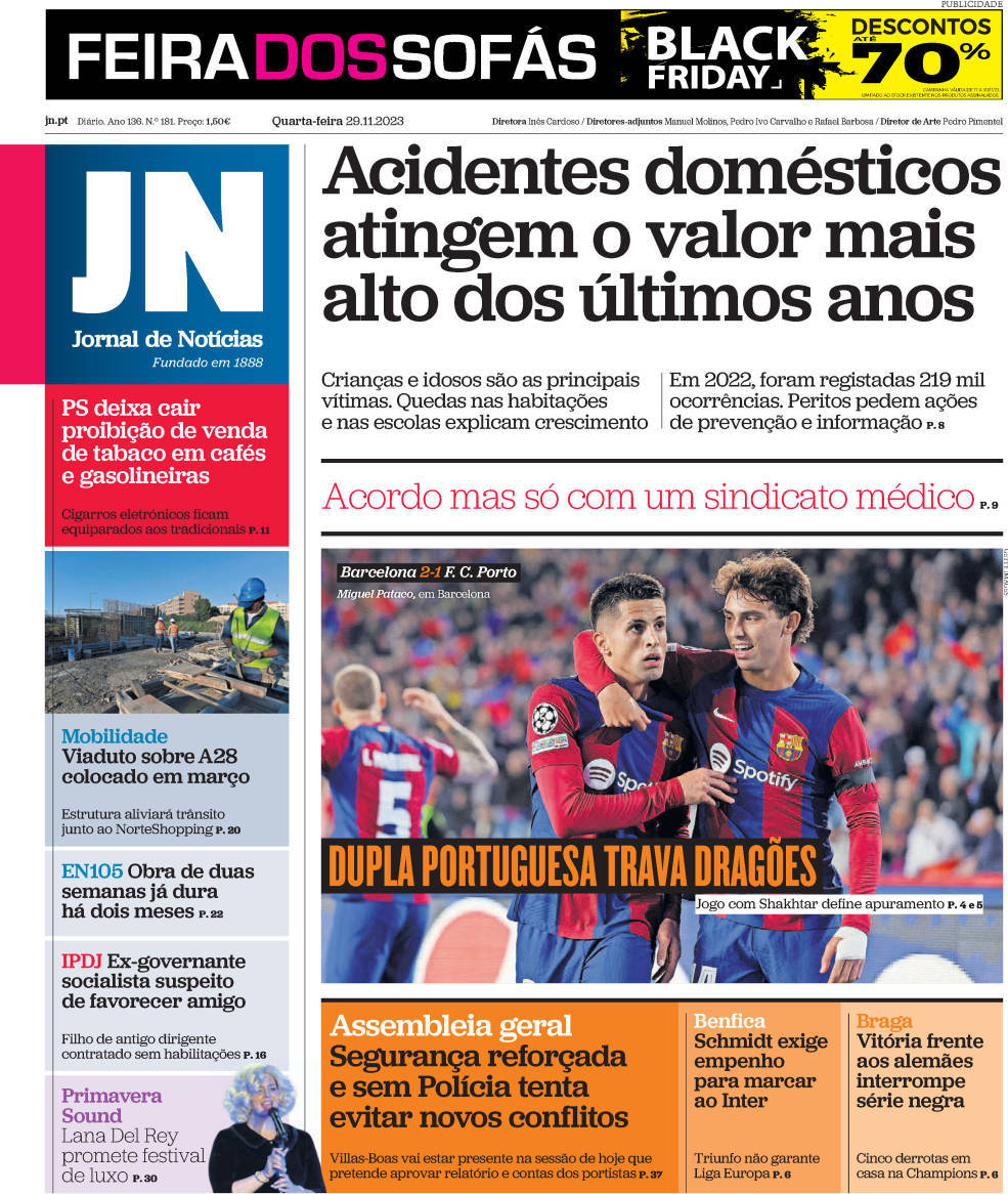 Jornal de Not&iacute;cias: Capa da Edi&ccedil;&atilde;o de quarta-feira, 29 de novembro 2023