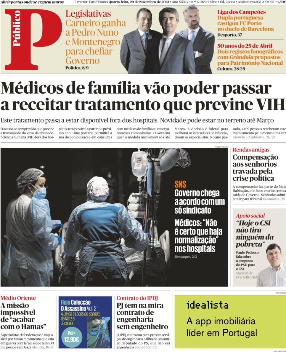 P&uacute;blico: Capa da Edi&ccedil;&atilde;o de quarta-feira, 29 de novembro 2023