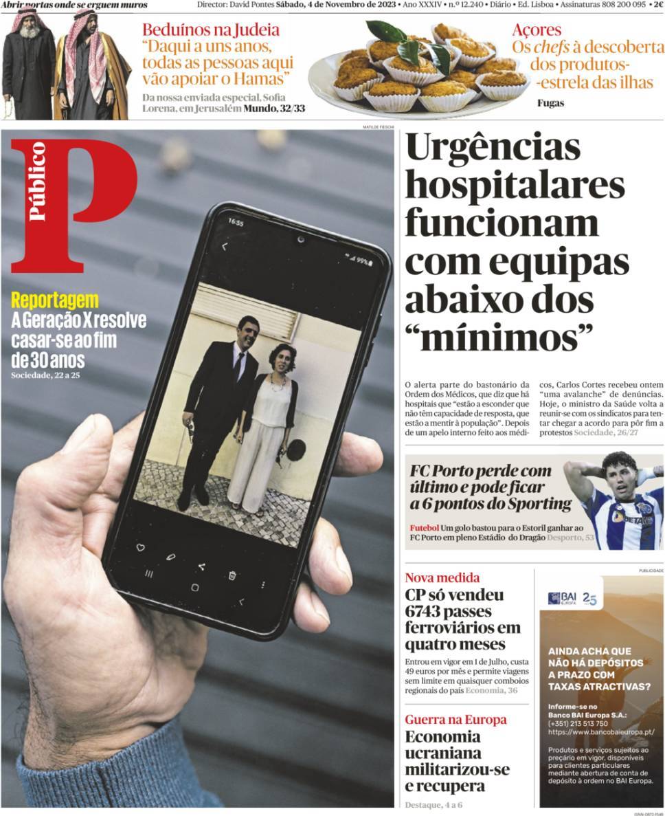 P&uacute;blico: Capa da Edi&ccedil;&atilde;o de s&aacute;bado, 04 de novembro 2023