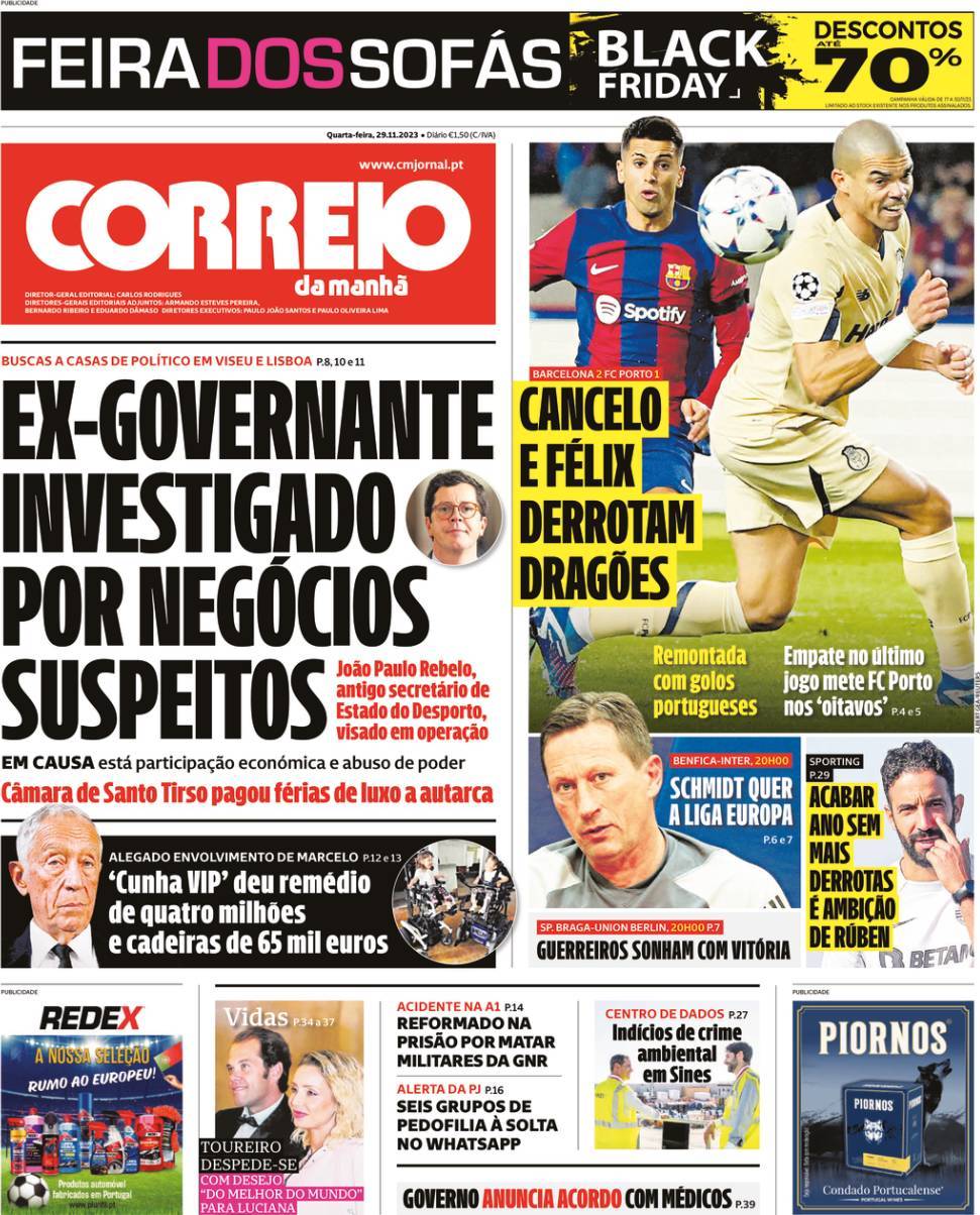 Correio da Manh&atilde;: Capa da Edi&ccedil;&atilde;o de quarta-feira, 29 de novembro 2023