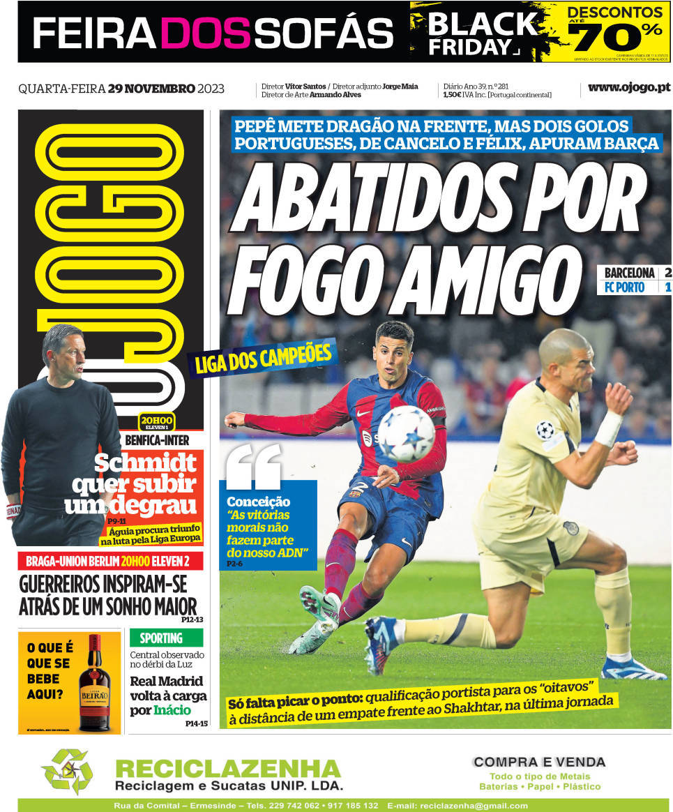 O Jogo: Capa da Edi&ccedil;&atilde;o de quarta-feira, 29 de novembro 2023