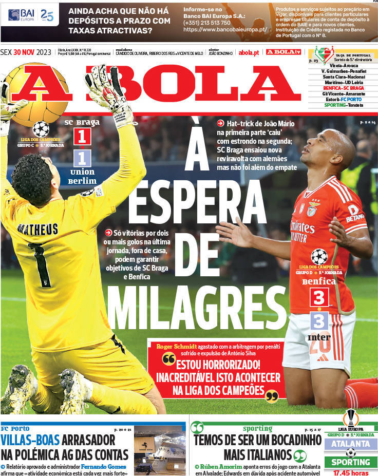 A Bola: Capa da Edi&ccedil;&atilde;o de quinta-feira, 30 de novembro 2023