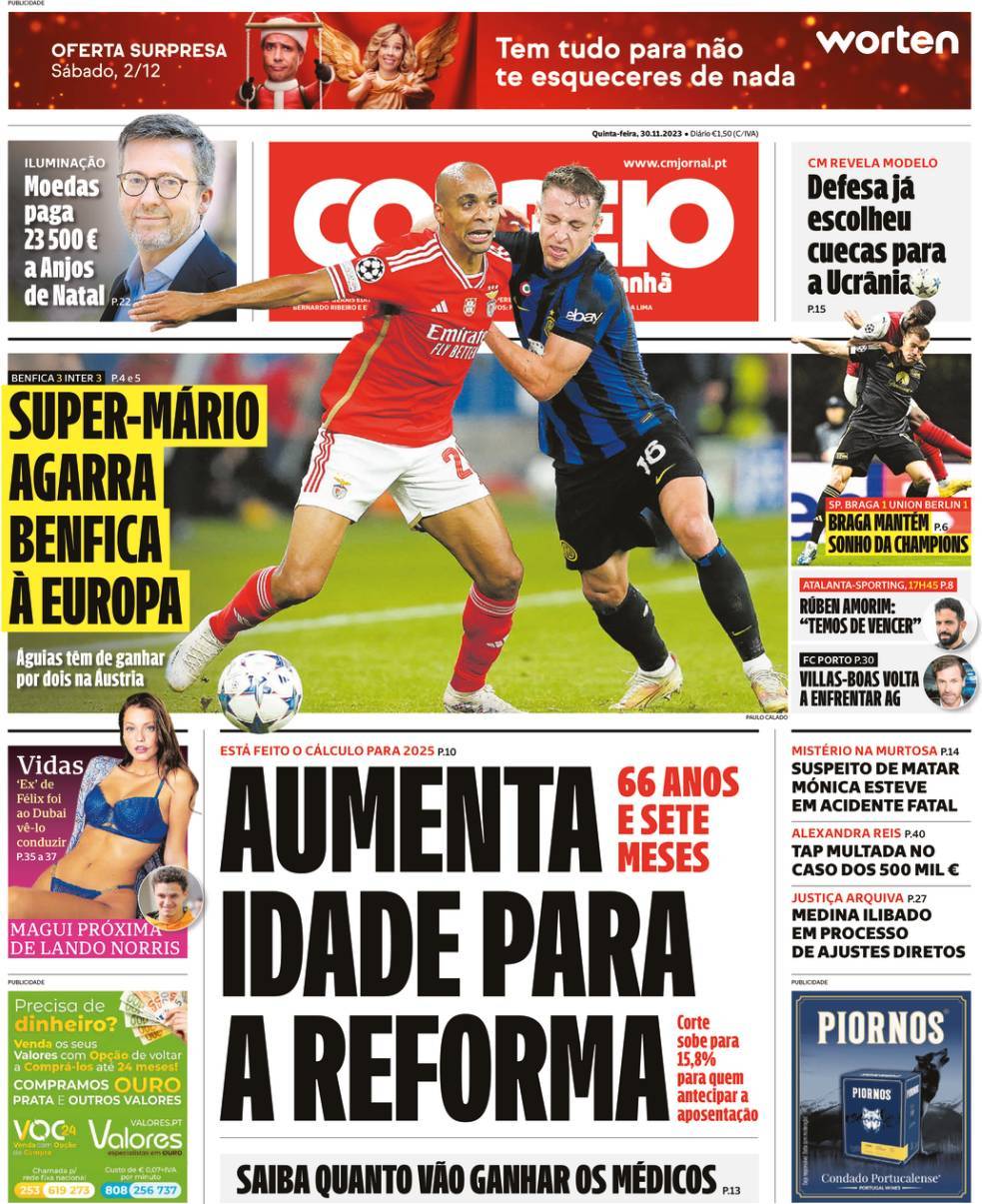 Correio da Manh&atilde;: Capa da Edi&ccedil;&atilde;o de quinta-feira, 30 de novembro 2023