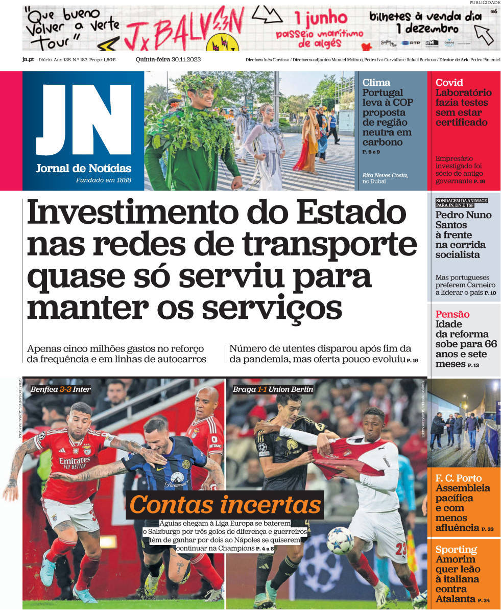 Jornal de Not&iacute;cias: Capa da Edi&ccedil;&atilde;o de quinta-feira, 30 de novembro 2023