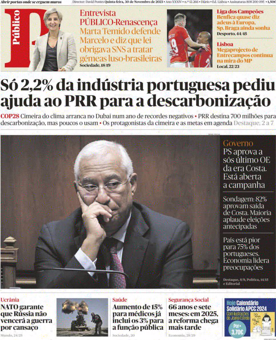 P&uacute;blico: Capa da Edi&ccedil;&atilde;o de quinta-feira, 30 de novembro 2023
