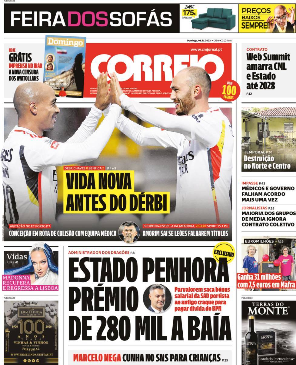 Correio da Manh&atilde;: Capa da Edi&ccedil;&atilde;o de domingo, 05 de novembro 2023