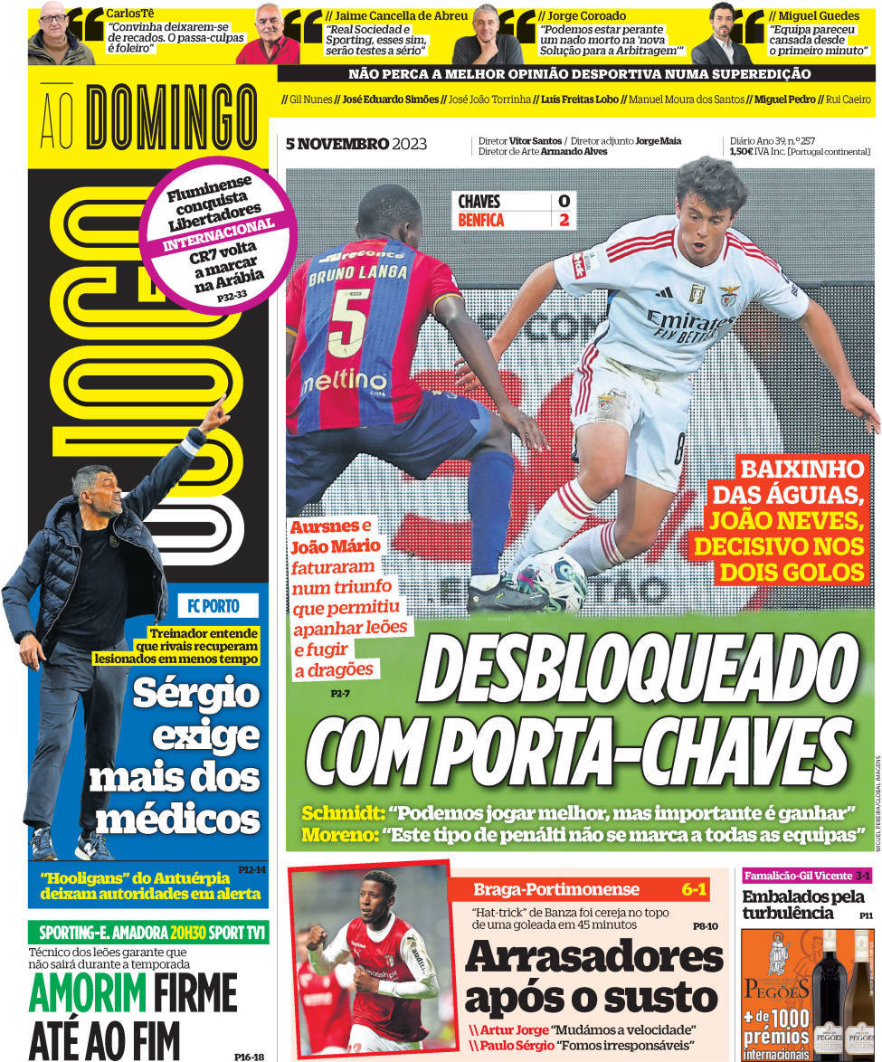 O Jogo: Capa da Edi&ccedil;&atilde;o de domingo, 05 de novembro 2023