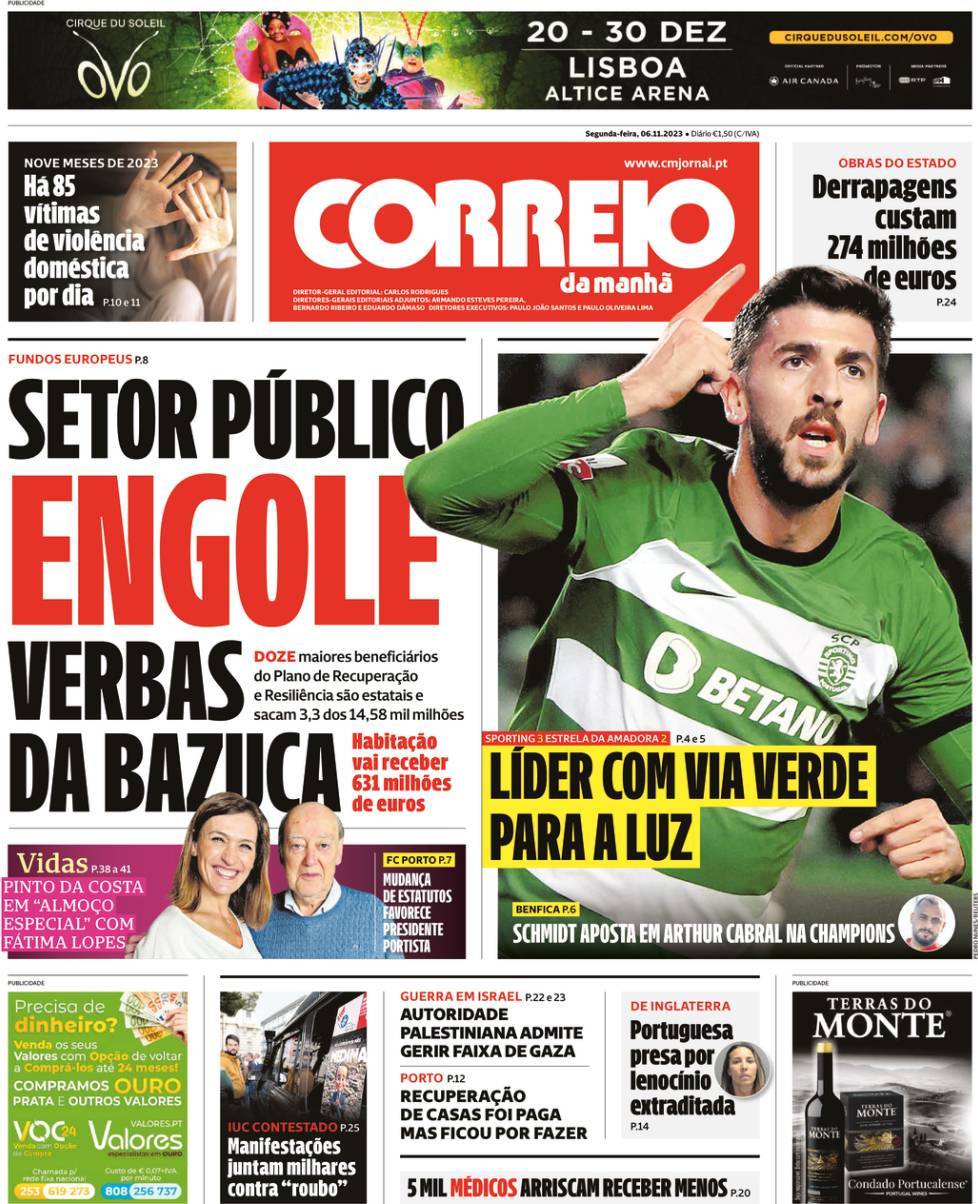 Correio da Manh&atilde;: Capa da Edi&ccedil;&atilde;o de segunda-feira, 06 de novembro 2023