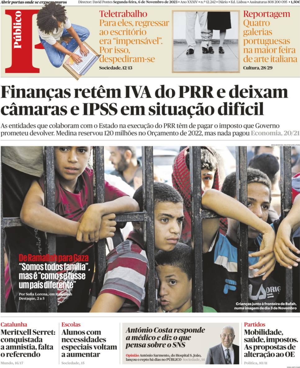 P&uacute;blico: Capa da Edi&ccedil;&atilde;o de segunda-feira, 06 de novembro 2023