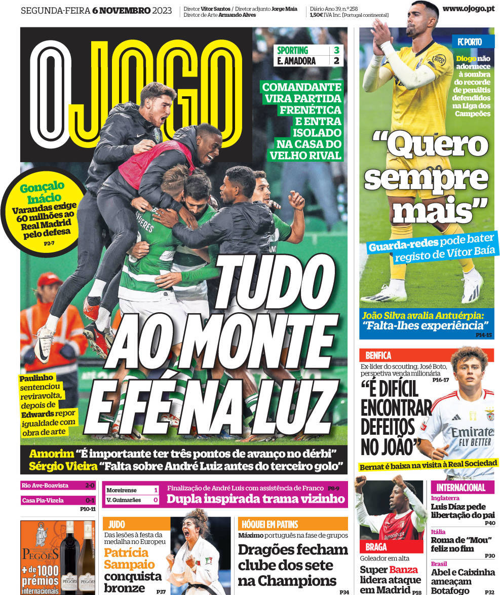 O Jogo: Capa da Edi&ccedil;&atilde;o de segunda-feira, 06 de novembro 2023