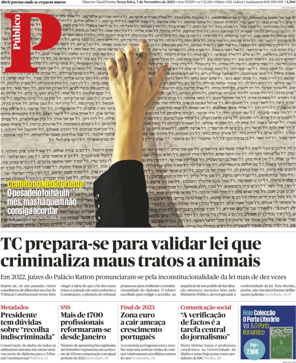 P&uacute;blico: Capa da Edi&ccedil;&atilde;o de ter&ccedil;a-feira, 07 de novembro 2023