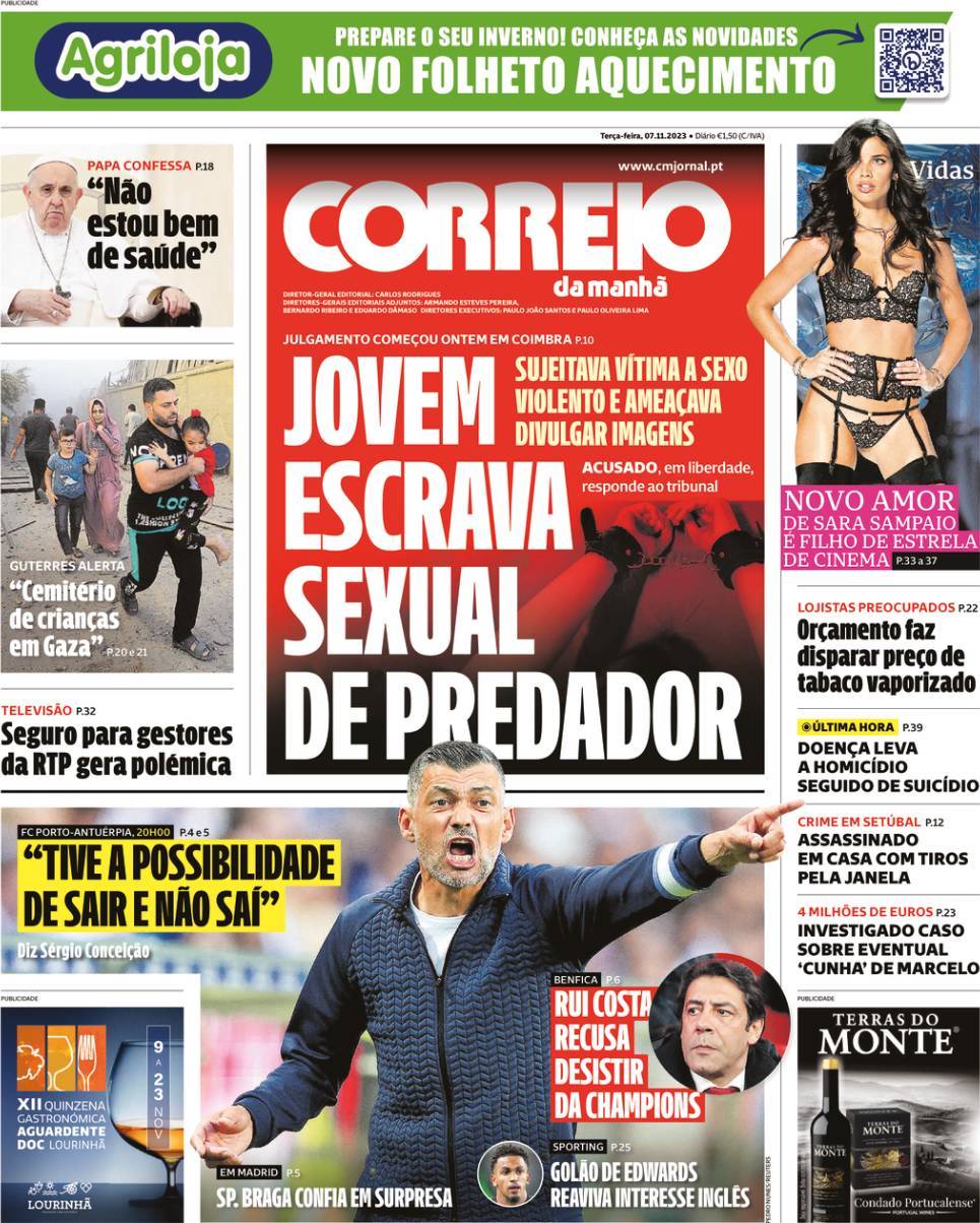 Correio da Manh&atilde;: Capa da Edi&ccedil;&atilde;o de ter&ccedil;a-feira, 07 de novembro 2023