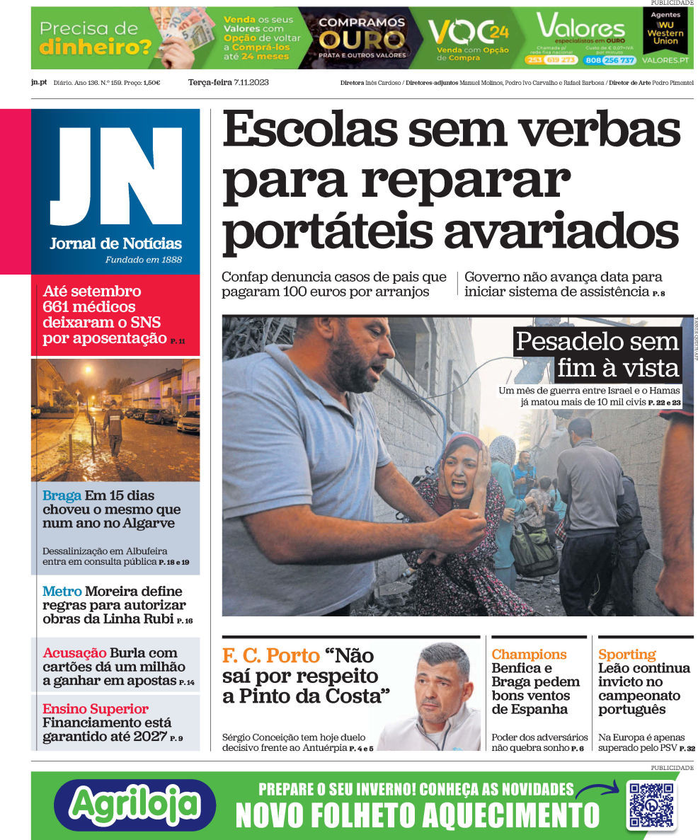 Jornal de Not&iacute;cias: Capa da Edi&ccedil;&atilde;o de ter&ccedil;a-feira, 07 de novembro 2023
