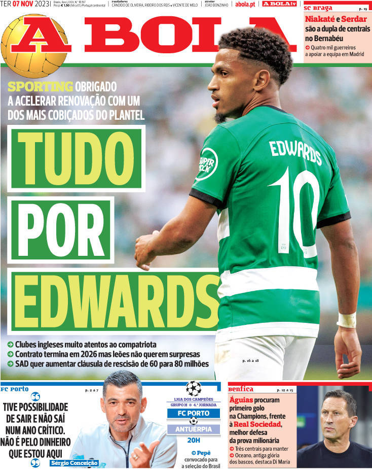 A Bola: Capa da Edi&ccedil;&atilde;o de ter&ccedil;a-feira, 07 de novembro 2023