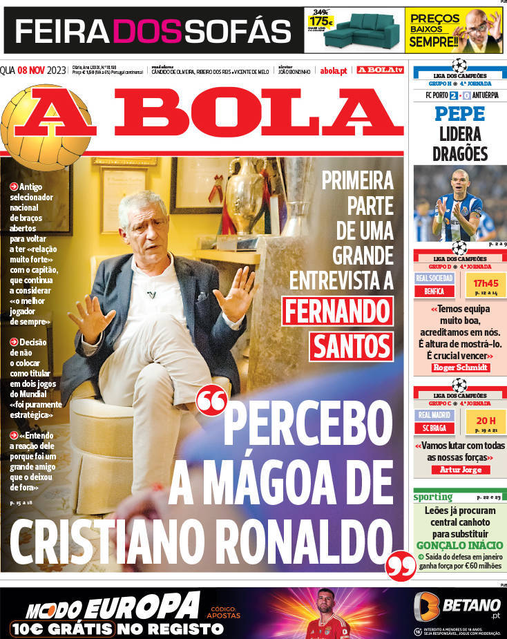 A Bola: Capa da Edi&ccedil;&atilde;o de quarta-feira, 08 de novembro 2023