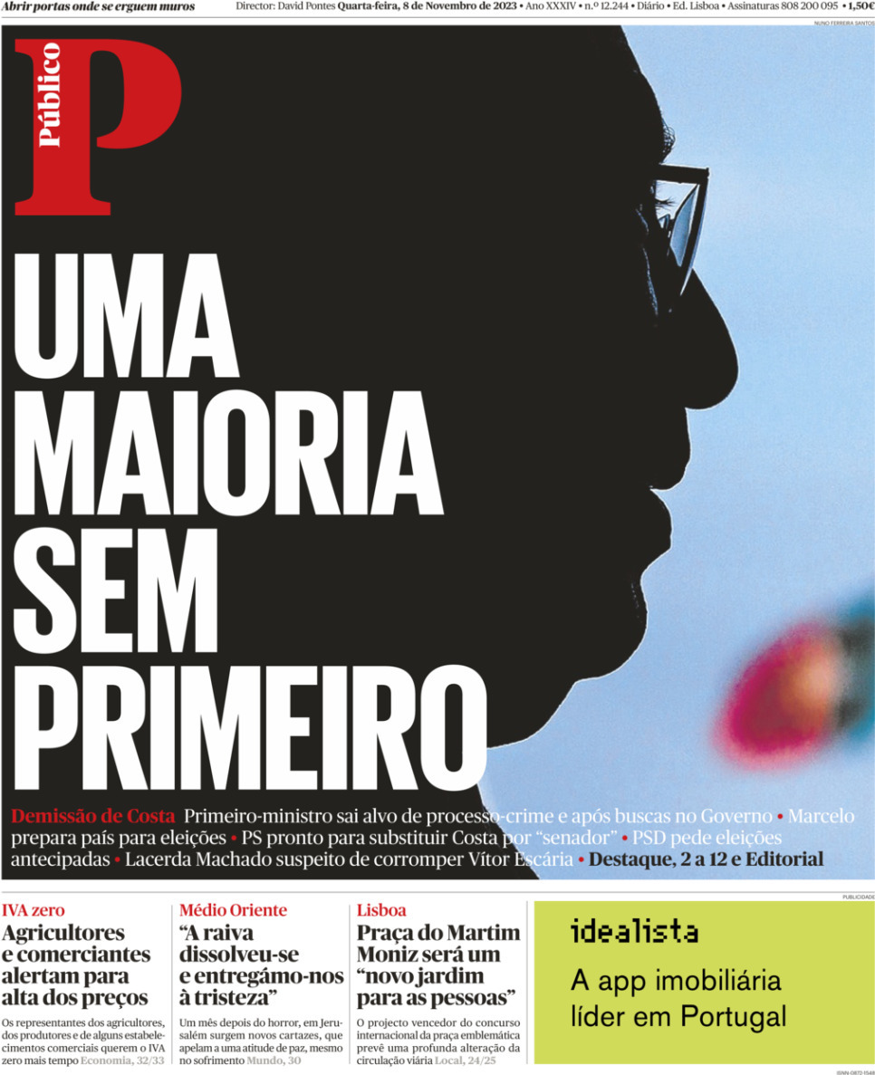 P&uacute;blico: Capa da Edi&ccedil;&atilde;o de quarta-feira, 08 de novembro 2023