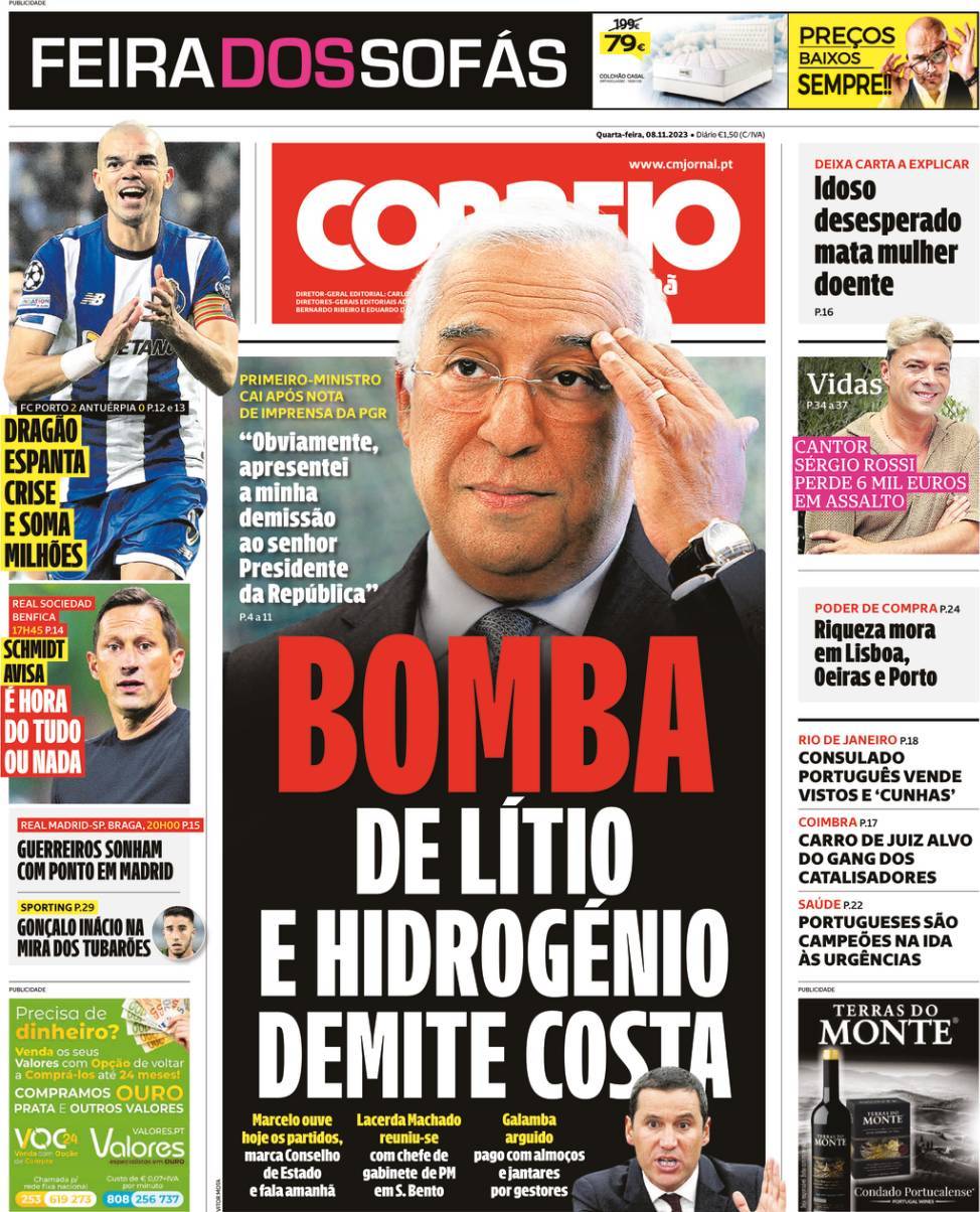 Correio da Manh&atilde;: Capa da Edi&ccedil;&atilde;o de quarta-feira, 08 de novembro 2023