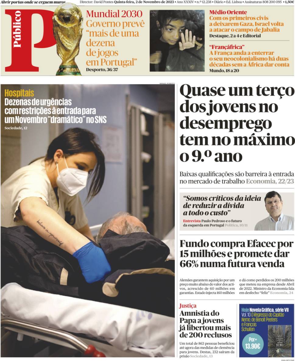 P&uacute;blico: Capa da Edi&ccedil;&atilde;o de quinta-feira, 02 de novembro 2023
