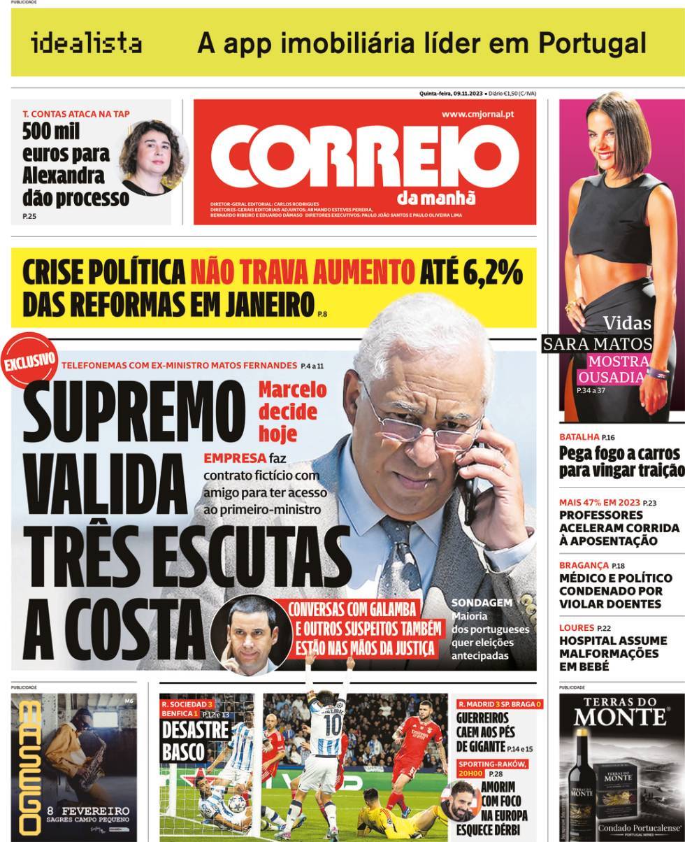 Correio da Manh&atilde;: Capa da Edi&ccedil;&atilde;o de quinta-feira, 09 de novembro 2023