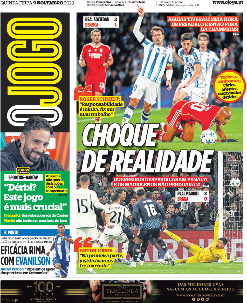 O Jogo: Capa da Edi&ccedil;&atilde;o de quinta-feira, 09 de novembro 2023