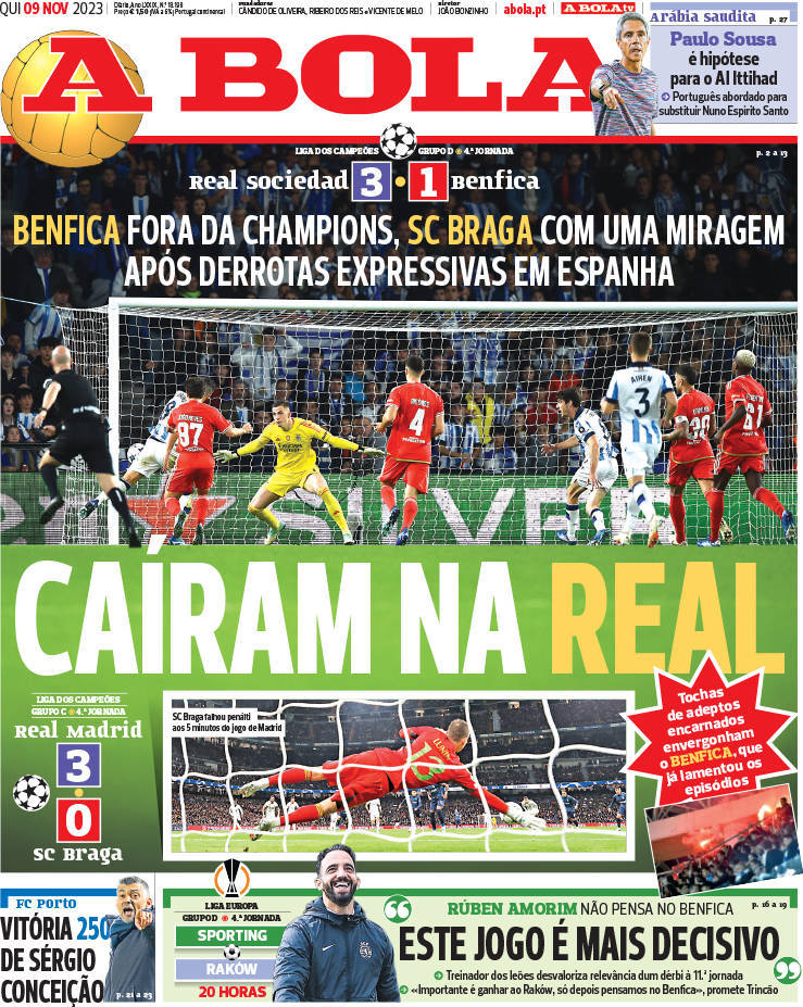A Bola: Capa da Edi&ccedil;&atilde;o de quinta-feira, 09 de novembro 2023