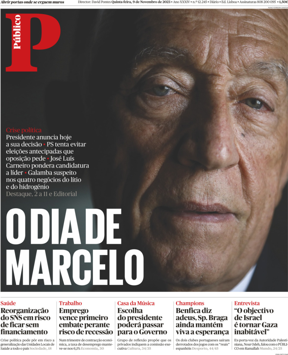 P&uacute;blico: Capa da Edi&ccedil;&atilde;o de quinta-feira, 09 de novembro 2023