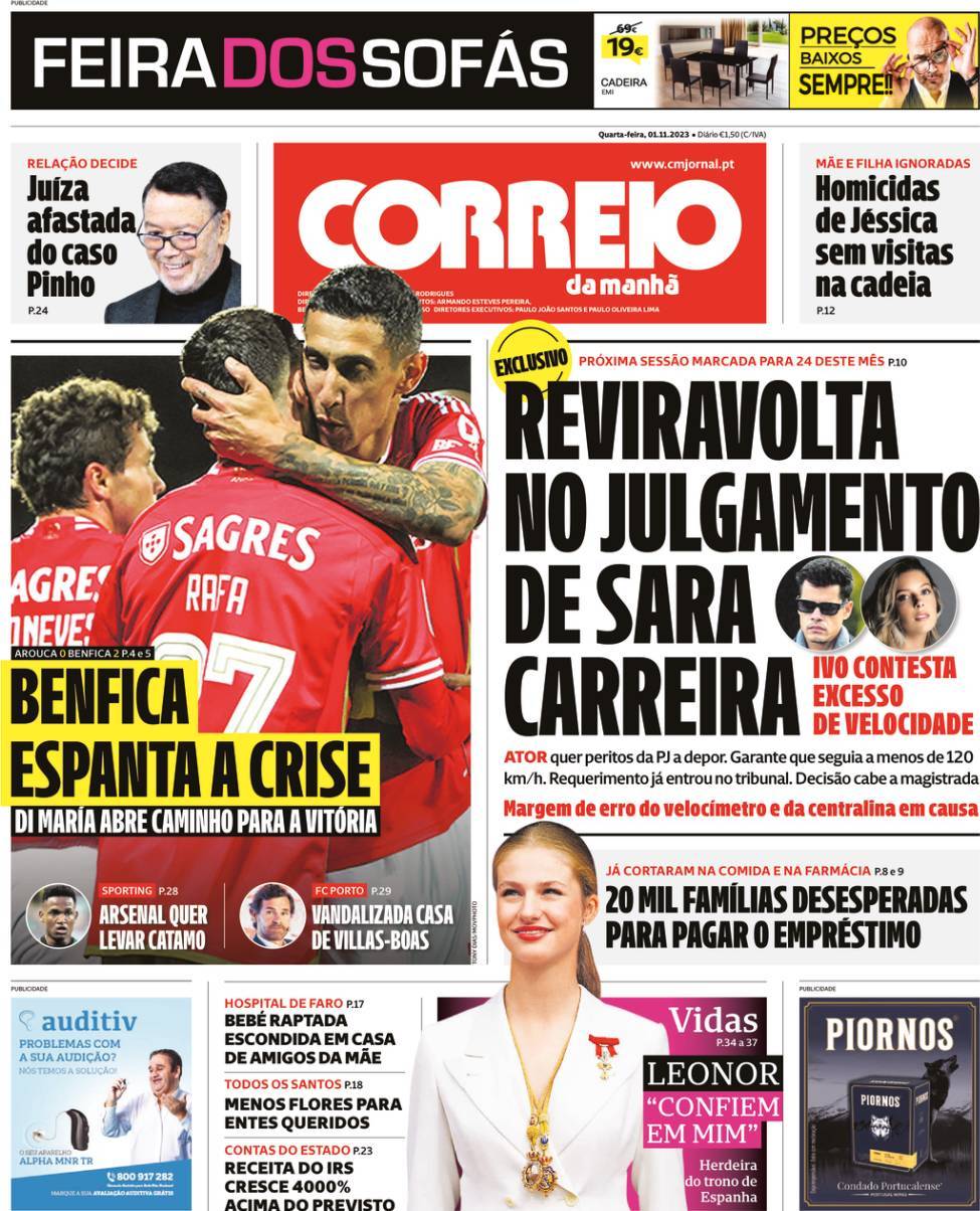 Correio da Manh&atilde;: Capa da Edi&ccedil;&atilde;o de quarta-feira, 01 de novembro 2023